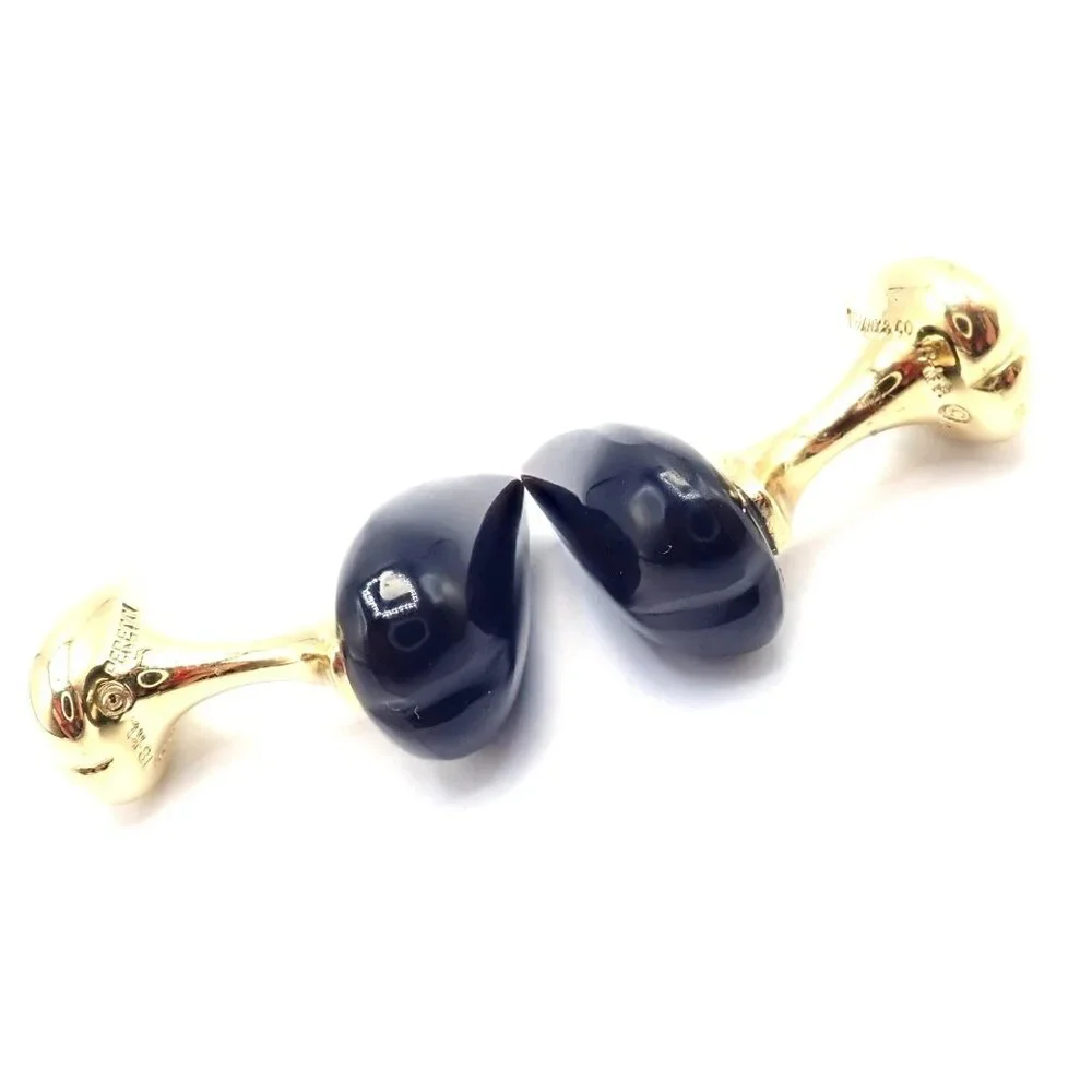 Authentic! Tiffany & Co Peretti 18k Yellow Gold Black Onyx Teardrop Cufflinks